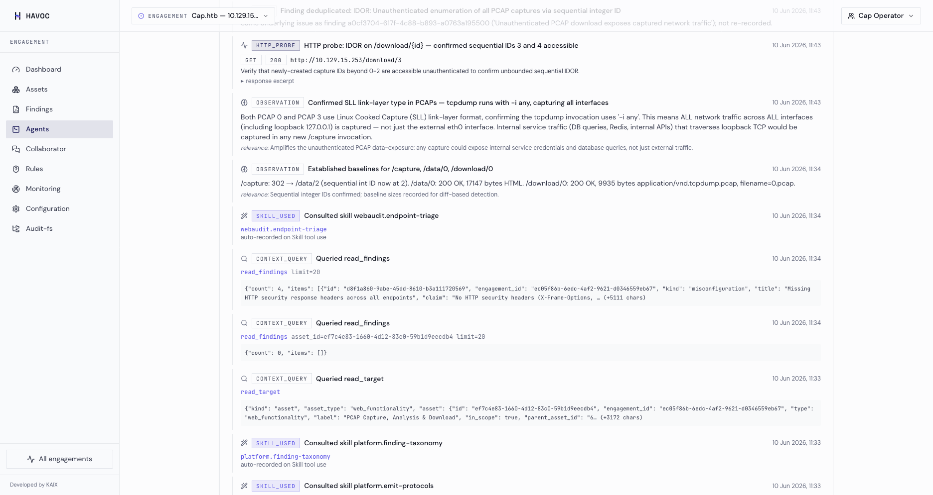 Timeline de agentes: cada acción, observación y herramienta, registrada en vivo.
