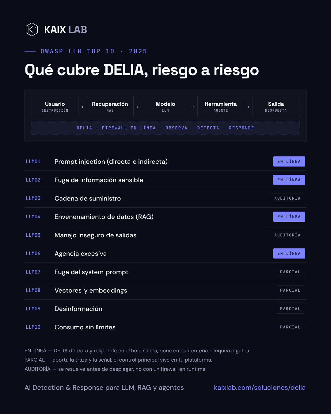Mapa de cobertura de DELIA sobre el OWASP LLM Top 10