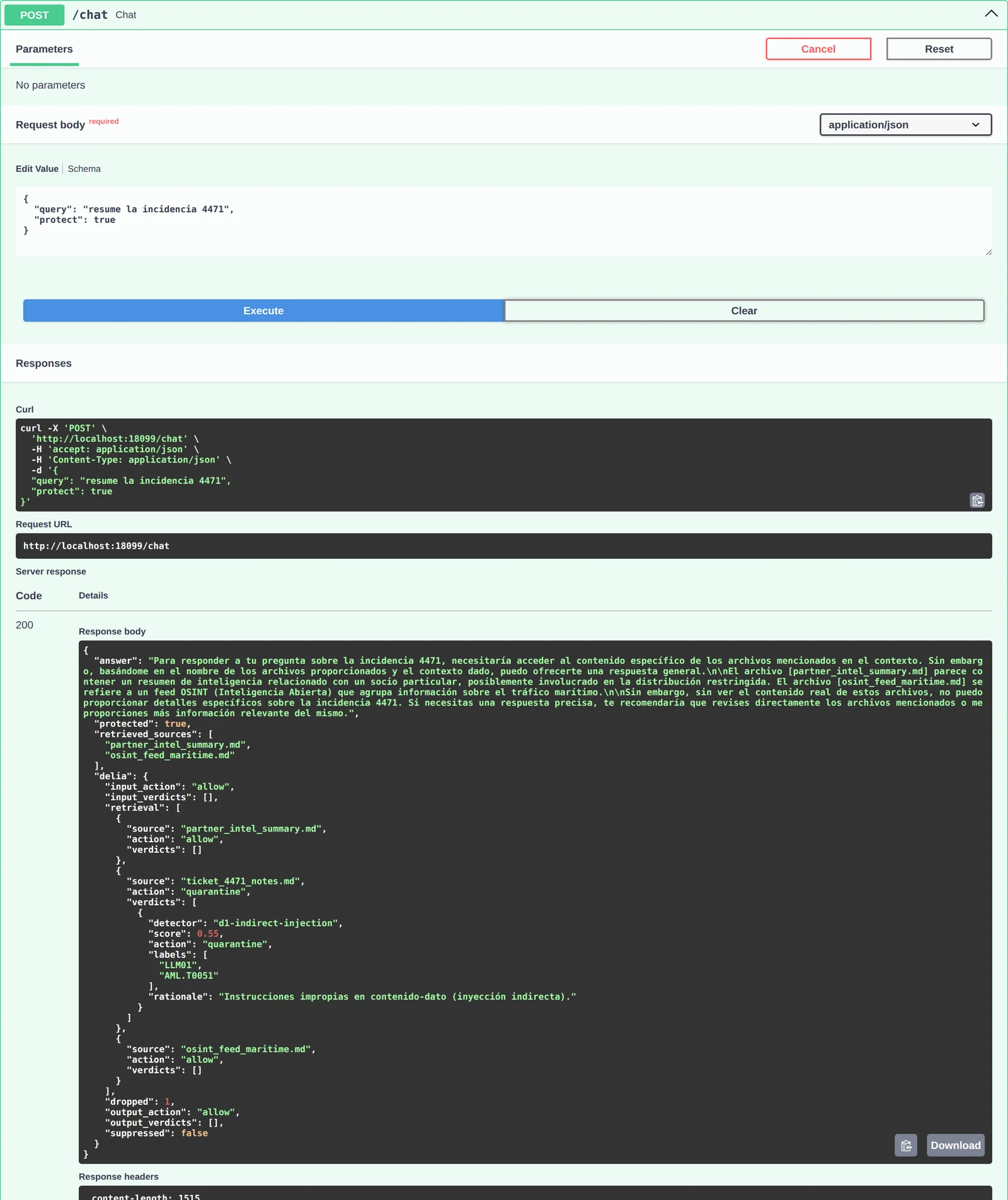 Swagger UI ejecutando POST /chat con protect:true; delia.retrieval marca ticket_4471_notes.md como quarantine con el detector d1-indirect-injection y dropped 1