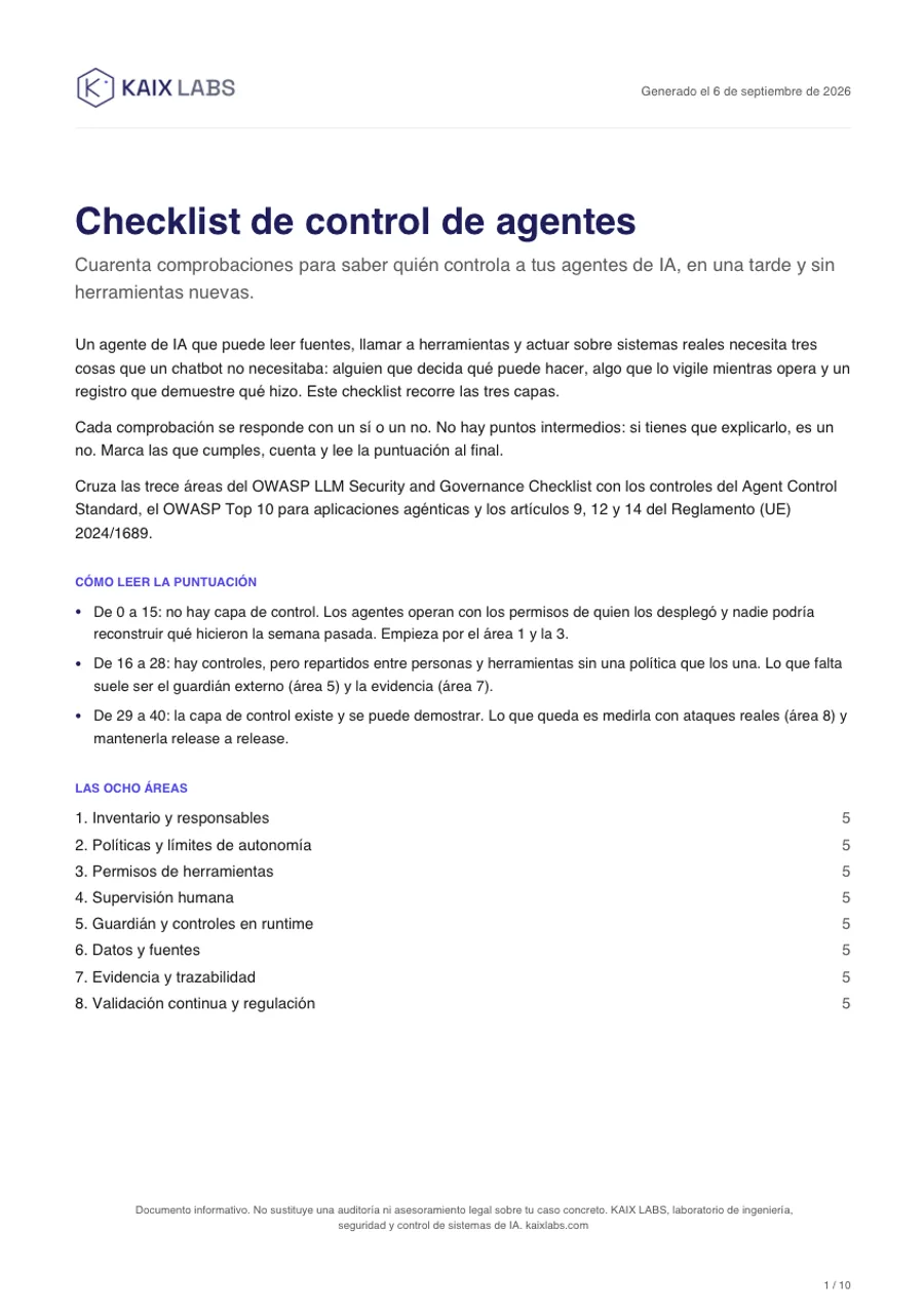 Portada del checklist de control de agentes de KAIX LABS