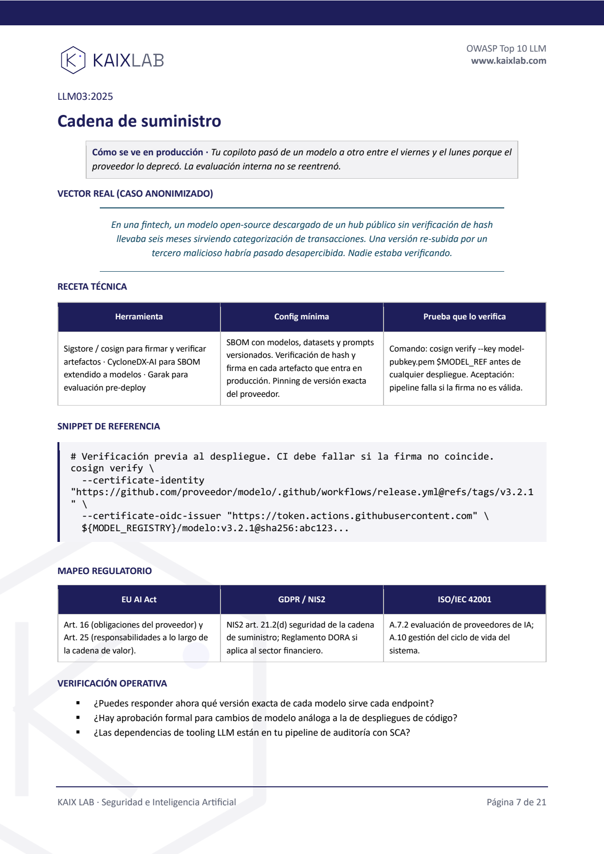 Ficha técnica del riesgo LLM03 con snippet de código
